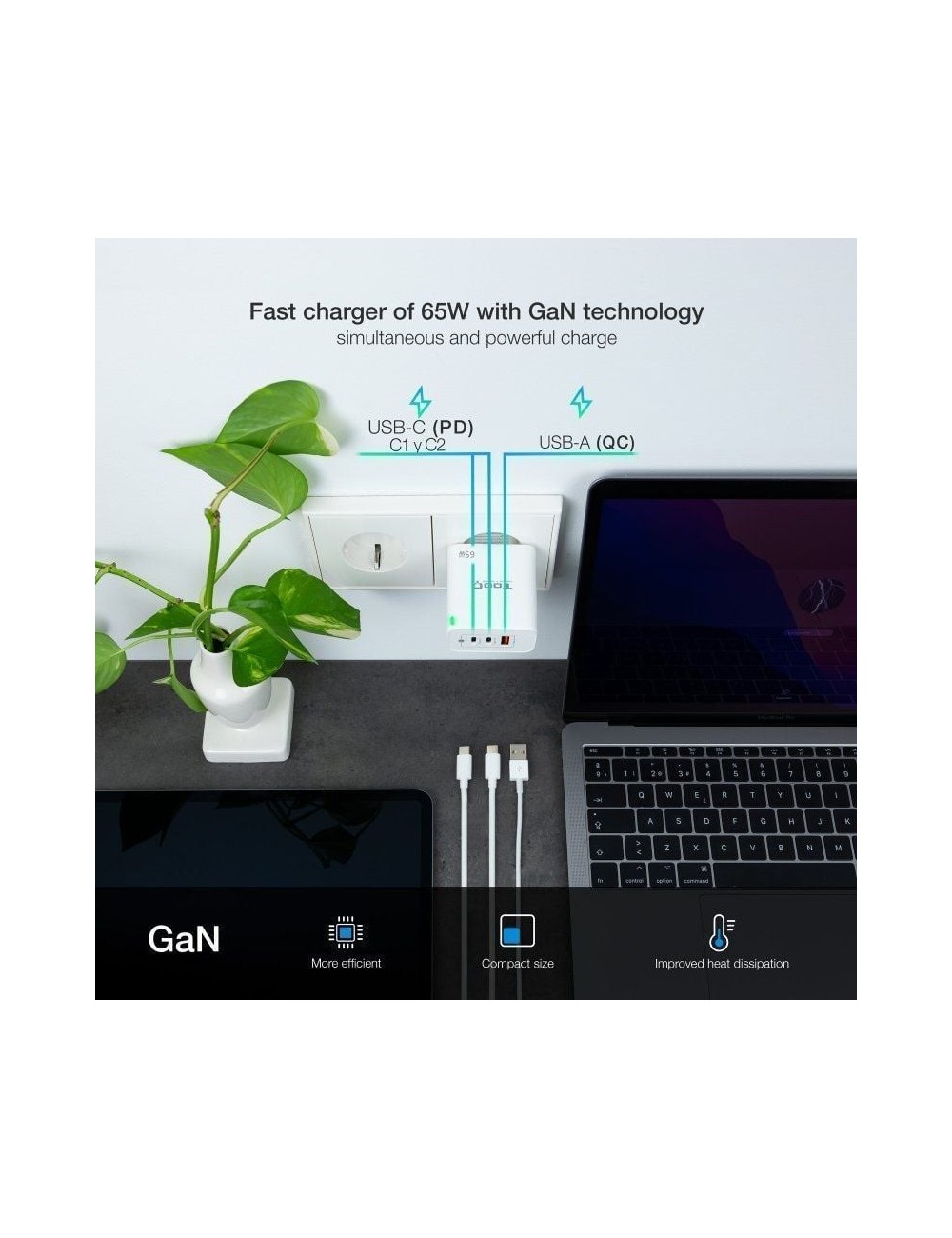 Cargador de Pared GaN TooQ TQWC-GANQC2PD65WT/ 2xUSB Tipo-C/ 1xUSB/ 65W