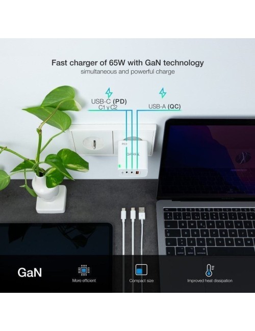 Cargador de Pared GaN TooQ TQWC-GANQC2PD65WT/ 2xUSB Tipo-C/ 1xUSB/ 65W