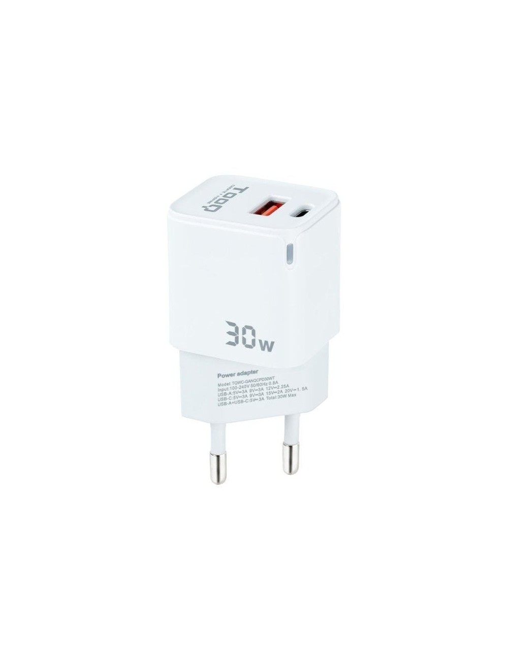 Cargador de Pared GaN TooQ TQWC-GANQCPD30WT/ 1xUSB Tipo-C/ 1xUSB/ 30W