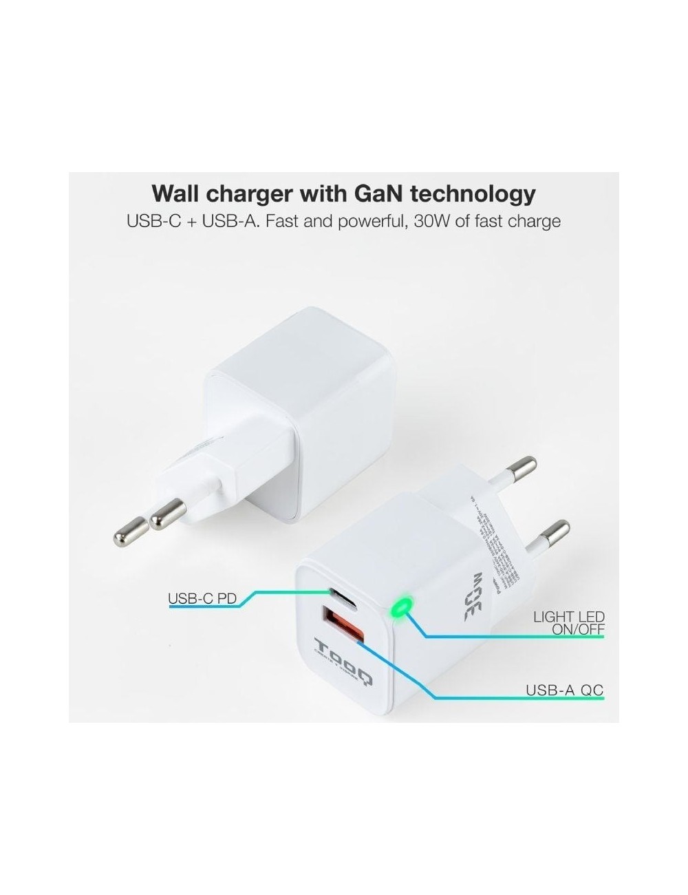 Cargador de Pared GaN TooQ TQWC-GANQCPD30WT/ 1xUSB Tipo-C/ 1xUSB/ 30W