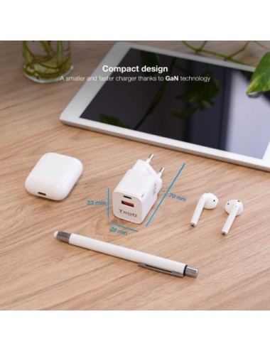 Cargador de Pared GaN TooQ TQWC-GANQCPD30WT/ 1xUSB Tipo-C/ 1xUSB/ 30W