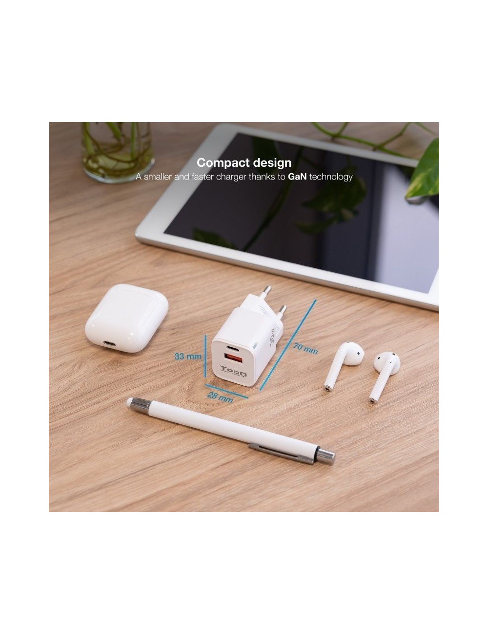 Cargador de Pared GaN TooQ TQWC-GANQCPD30WT/ 1xUSB Tipo-C/ 1xUSB/ 30W
