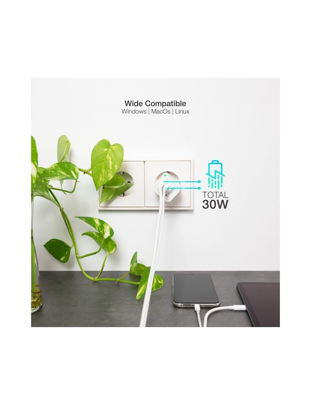 Cargador de Pared GaN TooQ TQWC-GANQCPD30WT/ 1xUSB Tipo-C/ 1xUSB/ 30W