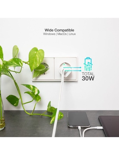 Cargador de Pared GaN TooQ TQWC-GANQCPD30WT/ 1xUSB Tipo-C/ 1xUSB/ 30W