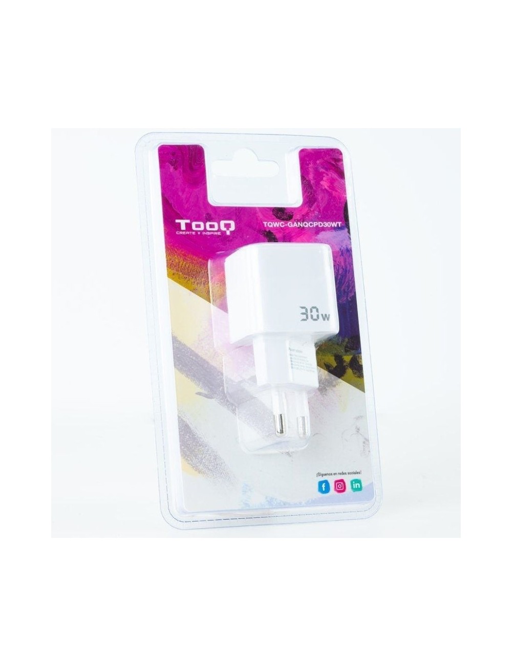 Cargador de Pared GaN TooQ TQWC-GANQCPD30WT/ 1xUSB Tipo-C/ 1xUSB/ 30W