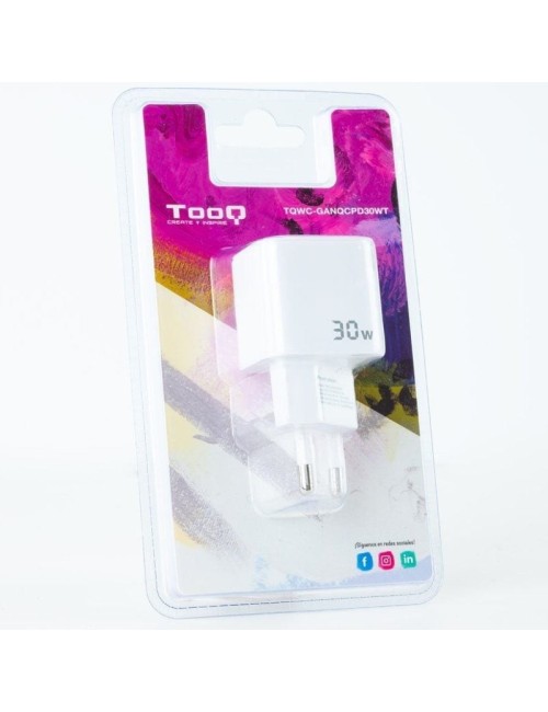Cargador de Pared GaN TooQ TQWC-GANQCPD30WT/ 1xUSB Tipo-C/ 1xUSB/ 30W
