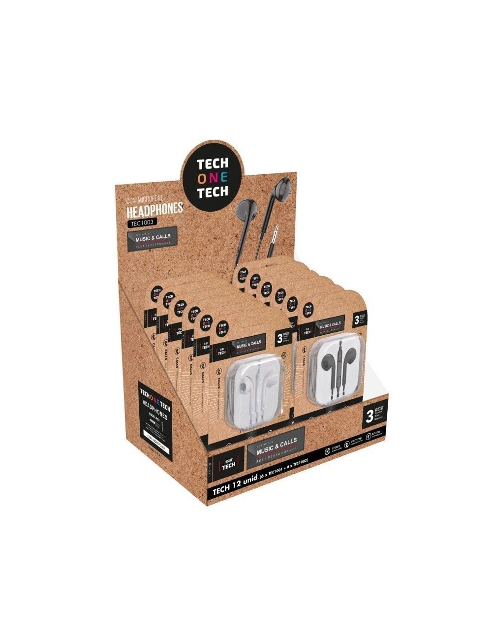 Expositor de Auriculares Tech One Tech EarTECH TEC1003 / con Micrófono/ Jack 3.5/ Incluye 6 Auriculares Blancos y 6 Auriculares 