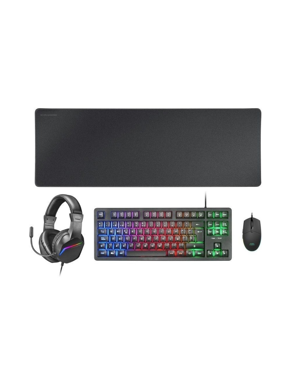 Pack Gaming Mars Gaming MCP-RGB3/ Teclado RGB + Ratón Óptico + Alfombrilla XXL + Auriculares