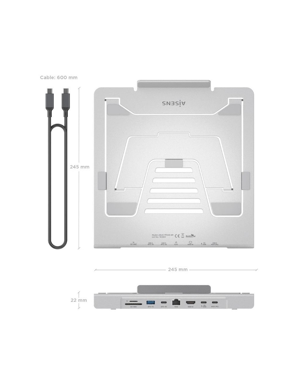 Soporte de Sobremesa - Docking USB Tipo-C Aisens ASUC-7P045-GR/ 1xUSB/ 1xUSB Tipo-C/ 1xHDMI/ 1xRJ45/ 1xLector de Tarjetas/ 1xUSB