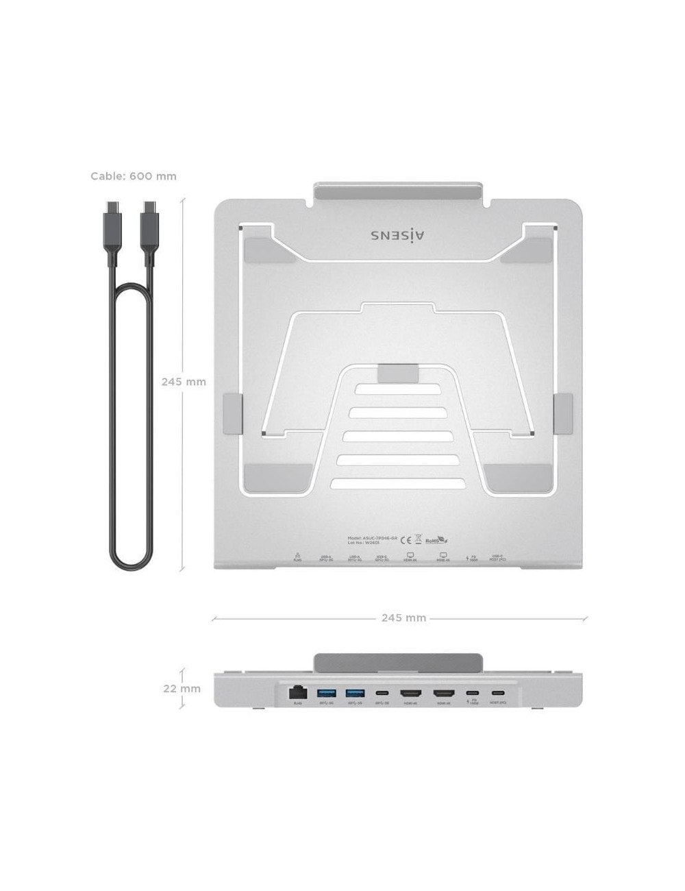 Soporte de Sobremesa - Docking USB Tipo-C Aisens ASUC-7P046-GR/ 2xUSB/ 1xUSB Tipo-C/ 2xHDMI/ 1xRJ45/ 1xUSB Tipo-C PD/ Gris