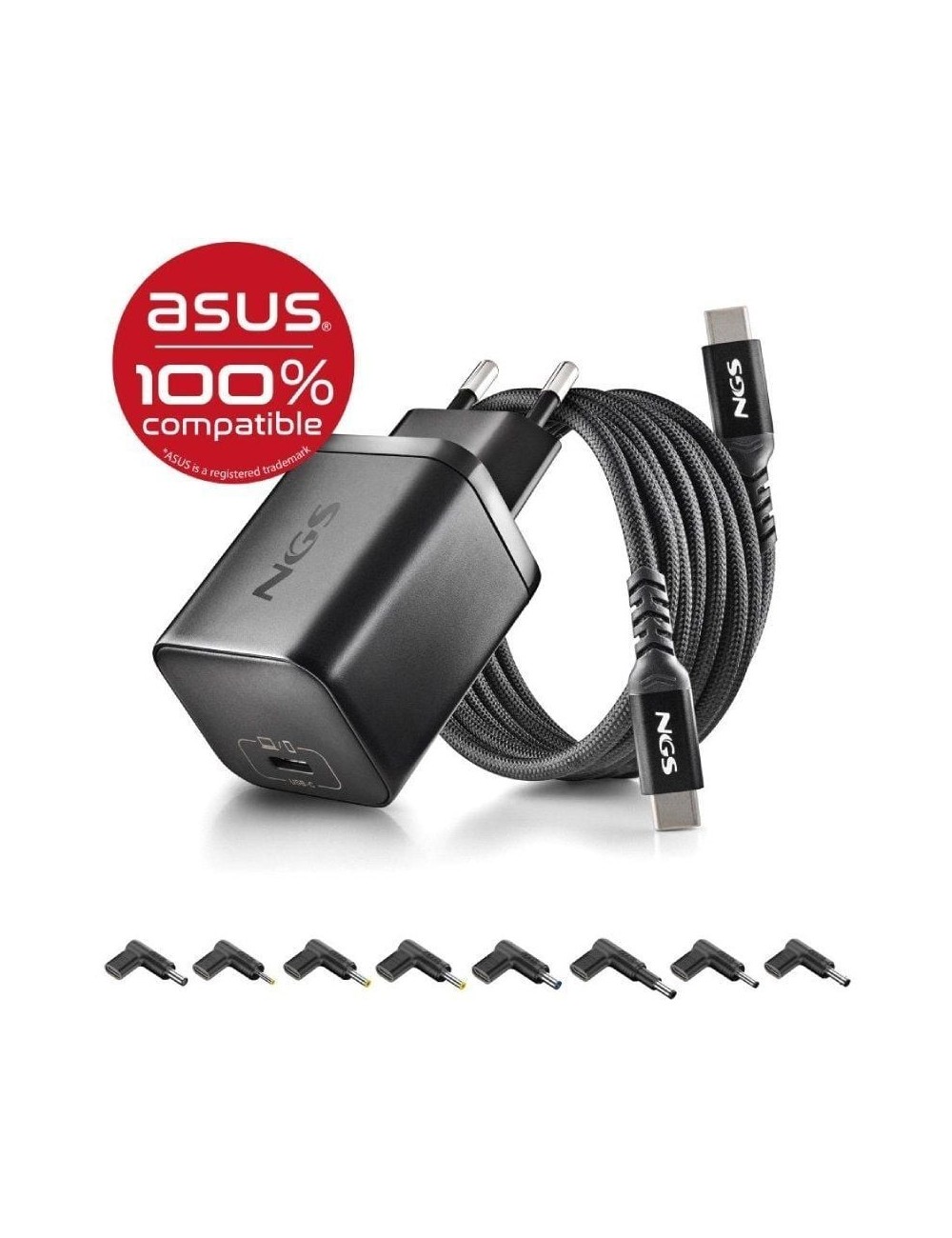 Cargador de Portátil GaN NGS BUD65W-AS para Asus/ 1xUSB Tipo-C/ 65W/ Automático/ 8 Conectores/ Voltaje 5-20V