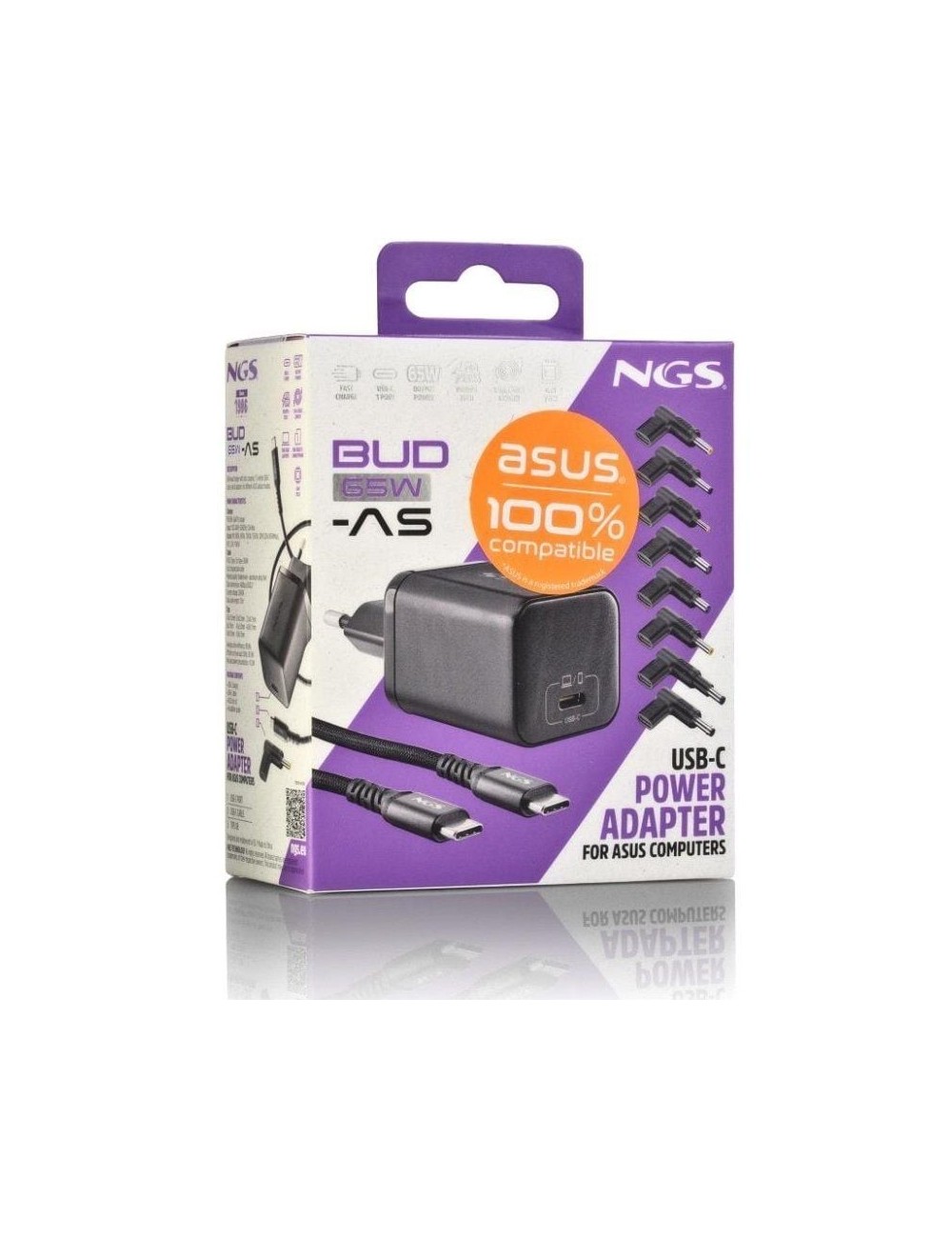 Cargador de Portátil GaN NGS BUD65W-AS para Asus/ 1xUSB Tipo-C/ 65W/ Automático/ 8 Conectores/ Voltaje 5-20V
