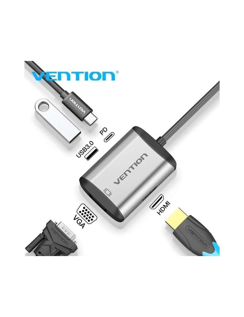 Conversor Vention TFAHB/ 1xUSB/ 1xHDMI/ 1xVGA/ 1xUSB Tipo-C PD/ Gris