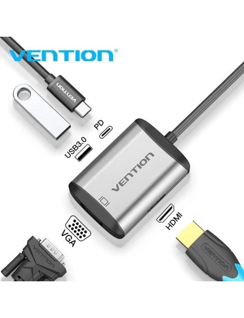 Conversor Vention TFAHB/ 1xUSB/ 1xHDMI/ 1xVGA/ 1xUSB Tipo-C PD/ Gris