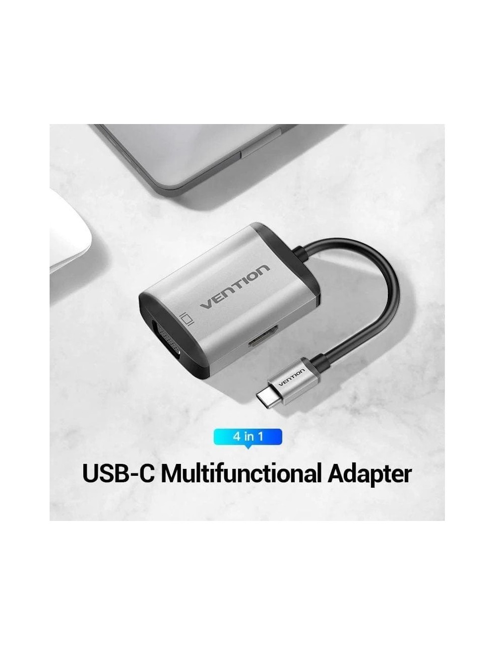 Conversor Vention TFAHB/ 1xUSB/ 1xHDMI/ 1xVGA/ 1xUSB Tipo-C PD/ Gris