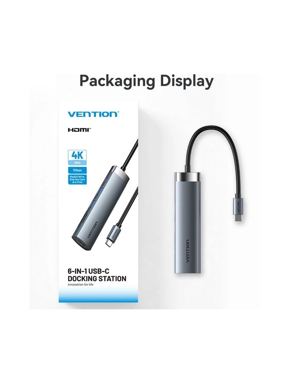 Docking USB Tipo-C Vention THJHB/ 1xHDMI 4K/ 2xUSB/ 1xUSB Tipo-C PD/ Gris