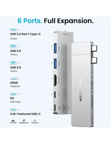Docking USB Tipo-C Vention THZH0/ 1xHDMI 4K/ 2xUSB/ 2xUSB Tipo-C/ 1xThunderBolt/ 1xUSB Tipo-C PD/ Gris