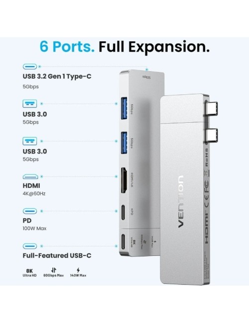 Docking USB Tipo-C Vention THZH0/ 1xHDMI 4K/ 2xUSB/ 2xUSB Tipo-C/ 1xThunderBolt/ 1xUSB Tipo-C PD/ Gris