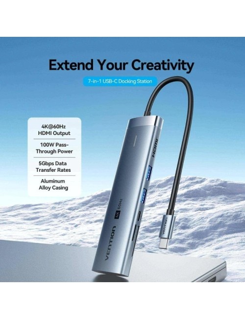 Docking USB Tipo-C Vention TPSHB/ 1xHDMI 4K/ 2xUSB/ 2xUSB Tipo-C/ 1xRJ45/ 1xUSB Tipo-C PD/ 1xLector Tarjetas/ Gris