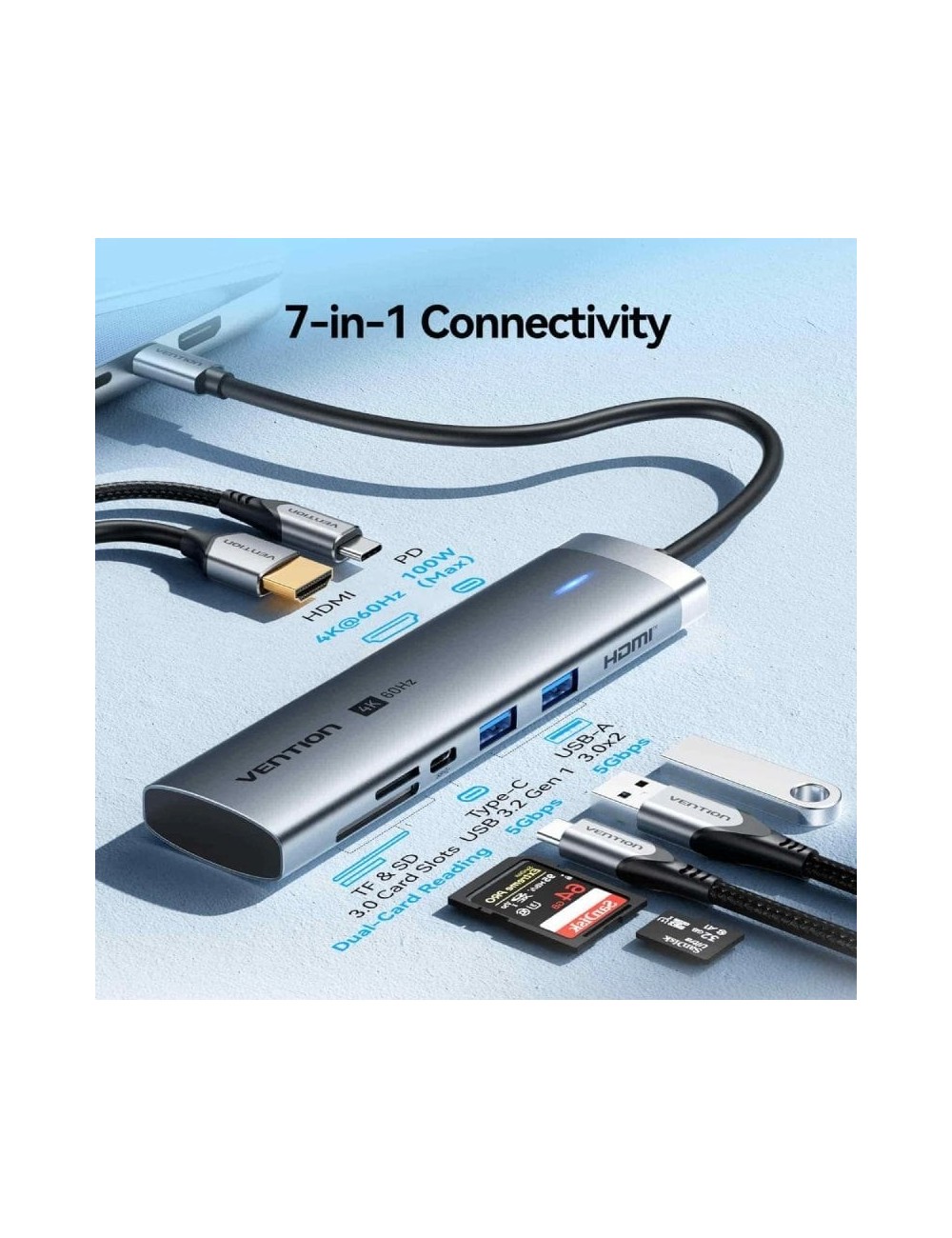 Docking USB Tipo-C Vention TPSHB/ 1xHDMI 4K/ 2xUSB/ 2xUSB Tipo-C/ 1xRJ45/ 1xUSB Tipo-C PD/ 1xLector Tarjetas/ Gris