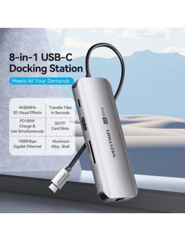 Docking USB Tipo-C Vention TQKHB/ 1xHDMI 4K/ 3xUSB/ 1xUSB Tipo-C PD/ 1xRJ45/ 1xLector de Tarjetas/ Gris