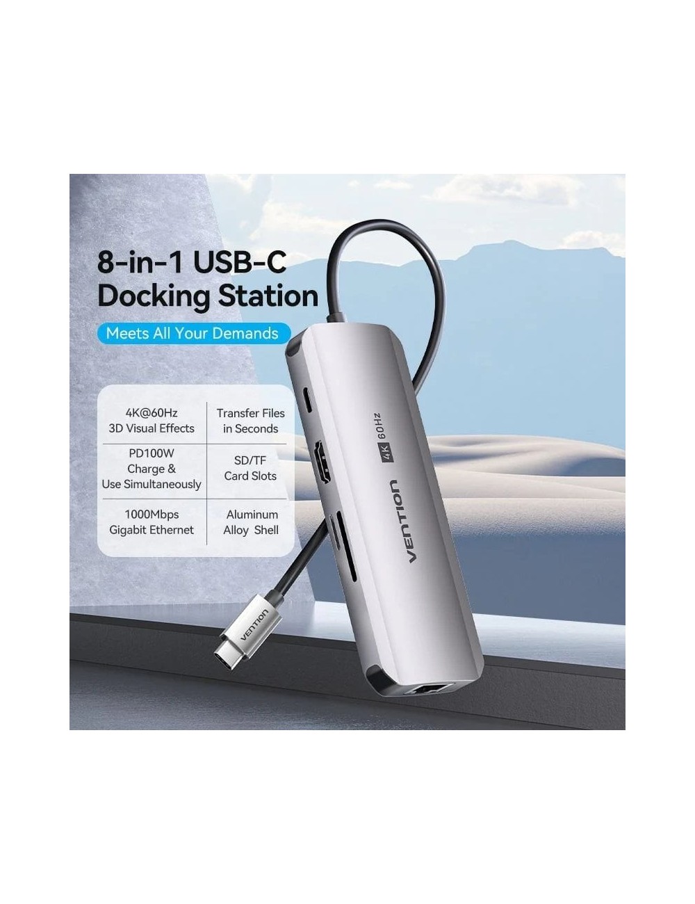 Docking USB Tipo-C Vention TQKHB/ 1xHDMI 4K/ 3xUSB/ 1xUSB Tipo-C PD/ 1xRJ45/ 1xLector de Tarjetas/ Gris