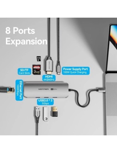 Docking USB Tipo-C Vention TQKHB/ 1xHDMI 4K/ 3xUSB/ 1xUSB Tipo-C PD/ 1xRJ45/ 1xLector de Tarjetas/ Gris