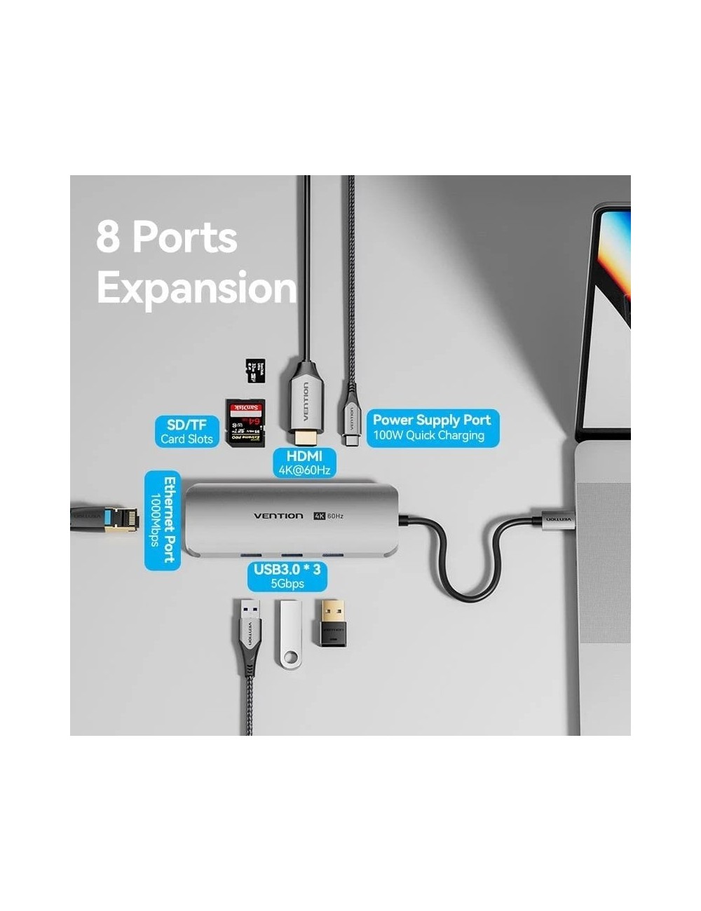 Docking USB Tipo-C Vention TQKHB/ 1xHDMI 4K/ 3xUSB/ 1xUSB Tipo-C PD/ 1xRJ45/ 1xLector de Tarjetas/ Gris
