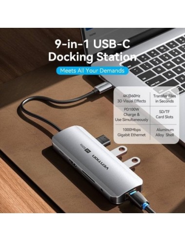 Docking USB Tipo-C Vention TQLHB/ 1xHDMI 4K/ 3xUSB/ 1xUSB Tipo-C PD/ 1xRJ45/ 1xJack 3.5mm/ 1xLector de Tarjetas/ Gris
