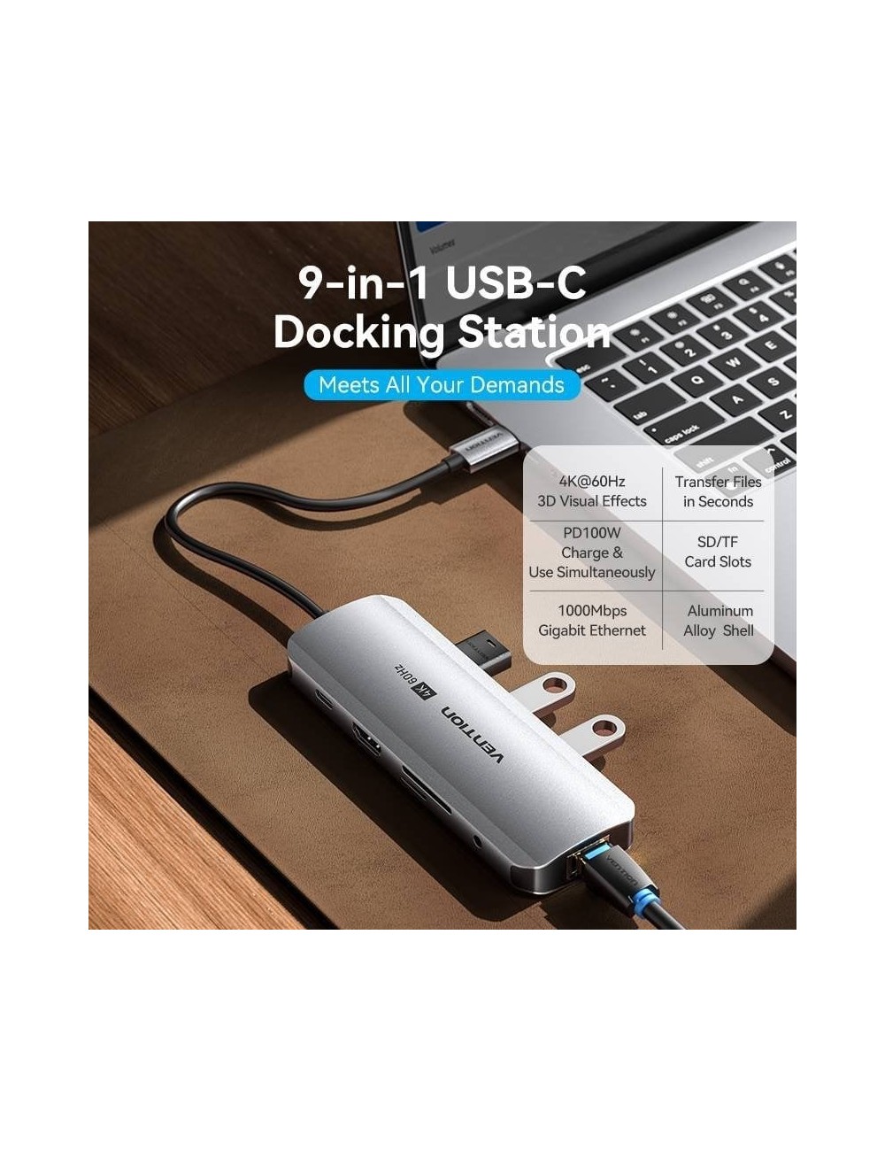 Docking USB Tipo-C Vention TQLHB/ 1xHDMI 4K/ 3xUSB/ 1xUSB Tipo-C PD/ 1xRJ45/ 1xJack 3.5mm/ 1xLector de Tarjetas/ Gris