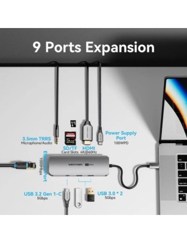 Docking USB Tipo-C Vention TQMHB/ 1xHDMI 4K/ 2xUSB/ 1xUSB Tipo-C/ 1xJack 3.5mm / 1xRJ45/ 1xUSB Tipo-C PD/ 1xLector Tarjetas/ Gri