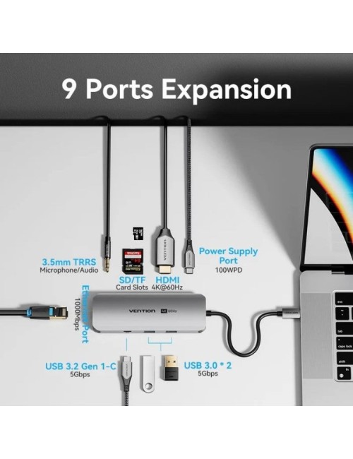 Docking USB Tipo-C Vention TQMHB/ 1xHDMI 4K/ 2xUSB/ 1xUSB Tipo-C/ 1xJack 3.5mm / 1xRJ45/ 1xUSB Tipo-C PD/ 1xLector Tarjetas/ Gri
