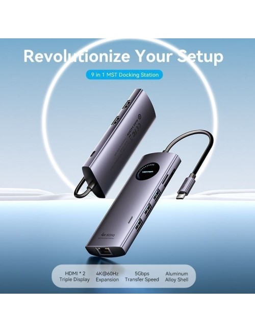 Docking USB Tipo-C Vention TQVHB/ 2xHDMI 4K/ 3xUSB/ 1xRJ45/ 1xLector de Tarjetas/ 1xUSB Tipo-C PD/ Gris