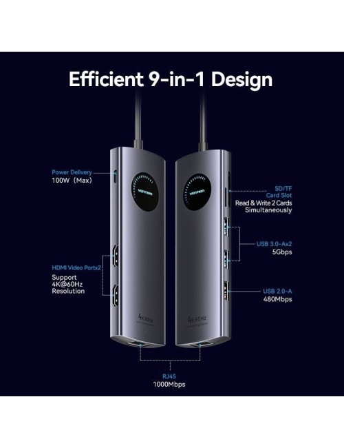 Docking USB Tipo-C Vention TQVHB/ 2xHDMI 4K/ 3xUSB/ 1xRJ45/ 1xLector de Tarjetas/ 1xUSB Tipo-C PD/ Gris