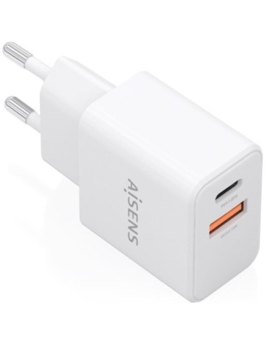 Cargador de Pared GaN Aisens A110-1025/ 1xUSB Tipo-C/ 1xUSB/ 20W/ Blanco