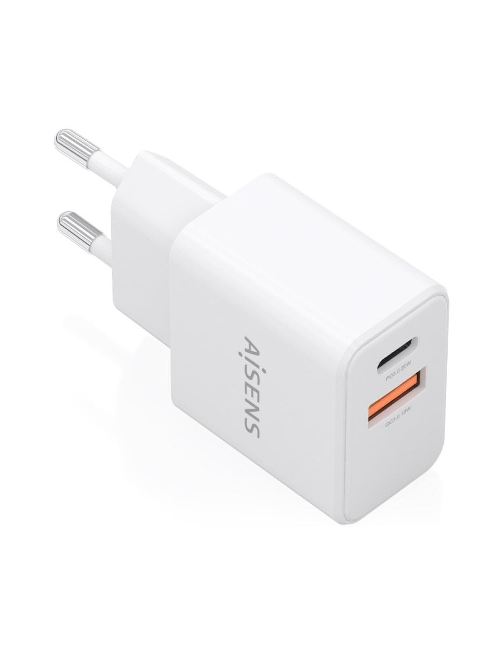 Cargador de Pared GaN Aisens A110-1025/ 1xUSB Tipo-C/ 1xUSB/ 20W/ Blanco