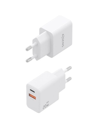Cargador de Pared GaN Aisens A110-1025/ 1xUSB Tipo-C/ 1xUSB/ 20W/ Blanco