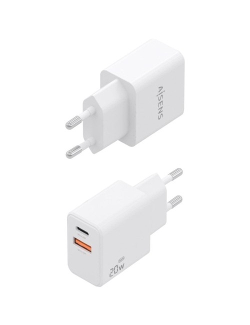 Cargador de Pared GaN Aisens A110-1025/ 1xUSB Tipo-C/ 1xUSB/ 20W/ Blanco