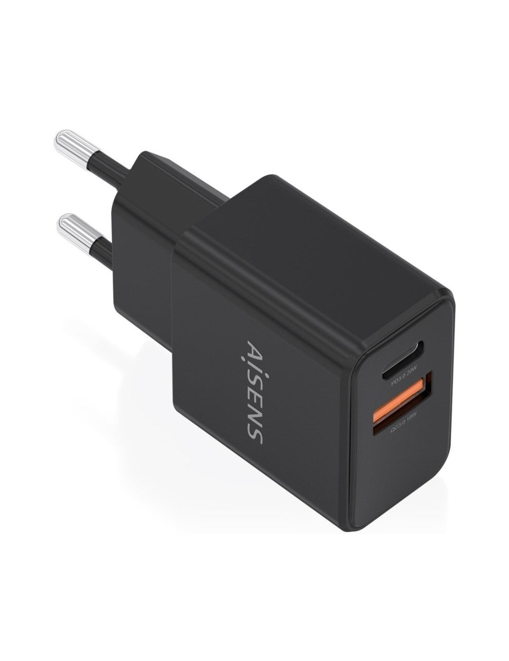 Cargador de Pared GaN Aisens A110-1026/ 1xUSB Tipo-C/ 1xUSB/ 20W/ Negro