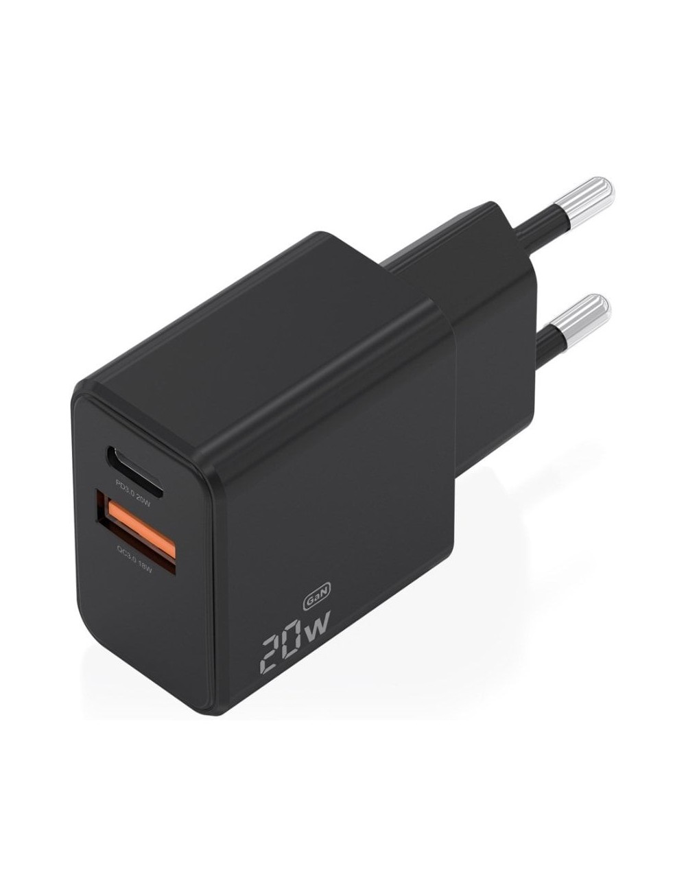 Cargador de Pared GaN Aisens A110-1026/ 1xUSB Tipo-C/ 1xUSB/ 20W/ Negro