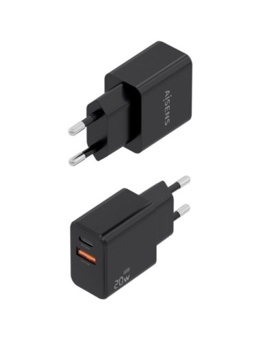 Cargador de Pared GaN Aisens A110-1026/ 1xUSB Tipo-C/ 1xUSB/ 20W/ Negro