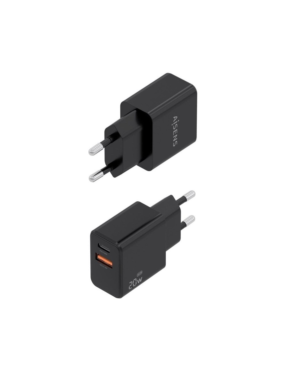 Cargador de Pared GaN Aisens A110-1026/ 1xUSB Tipo-C/ 1xUSB/ 20W/ Negro
