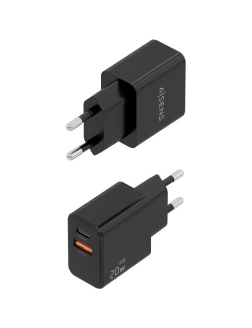 Cargador de Pared GaN Aisens A110-1026/ 1xUSB Tipo-C/ 1xUSB/ 20W/ Negro