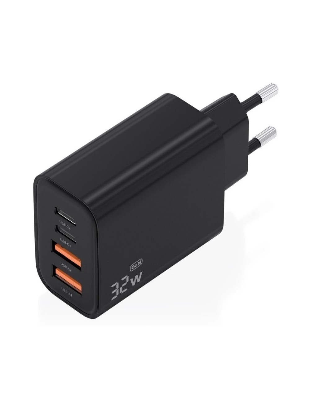 Cargador de Pared GaN Aisens A110-1028/ 2xUSB Tipo-C/ 2xUSB/ 32W/ Negro
