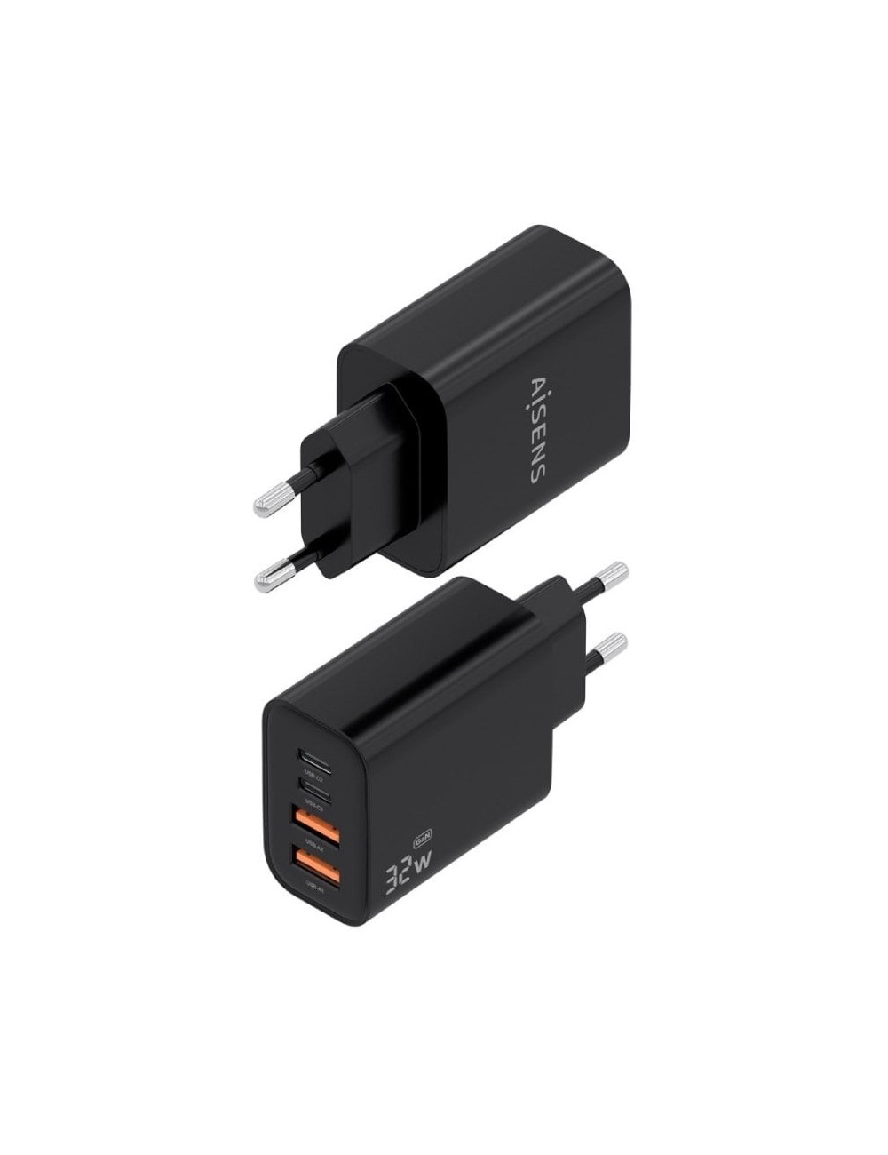 Cargador de Pared GaN Aisens A110-1028/ 2xUSB Tipo-C/ 2xUSB/ 32W/ Negro