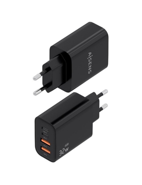 Cargador de Pared GaN Aisens A110-1028/ 2xUSB Tipo-C/ 2xUSB/ 32W/ Negro