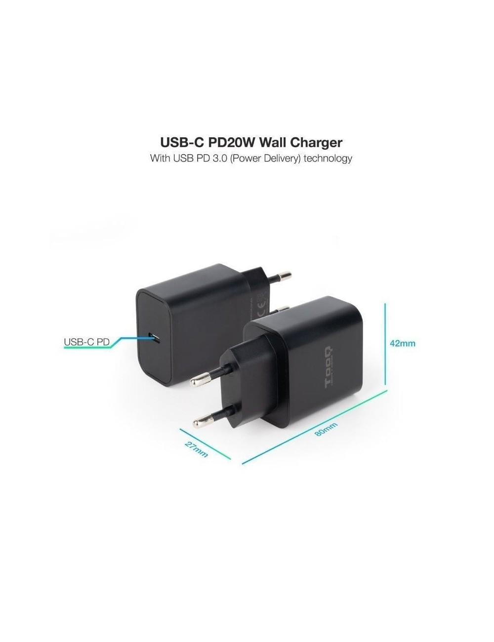 Cargador de Pared TooQ TQWC-PDUSBC20B/ 1xUSB Tipo-C/ 20W