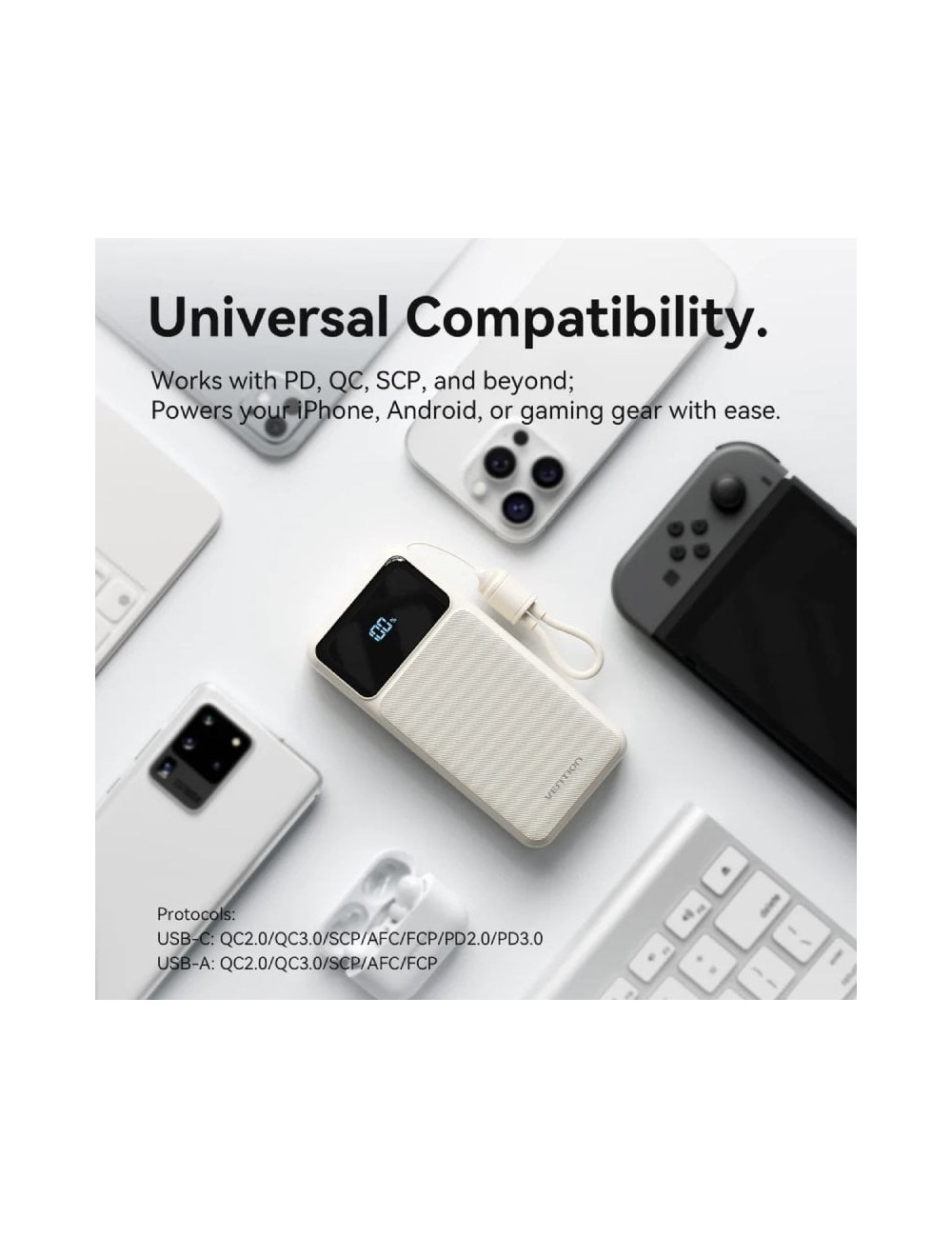 Powerbank 10000mAh Vention XGYW0-39-TY/ 22.5W/ Blanca/ Incluye Cable USB Tipo-C
