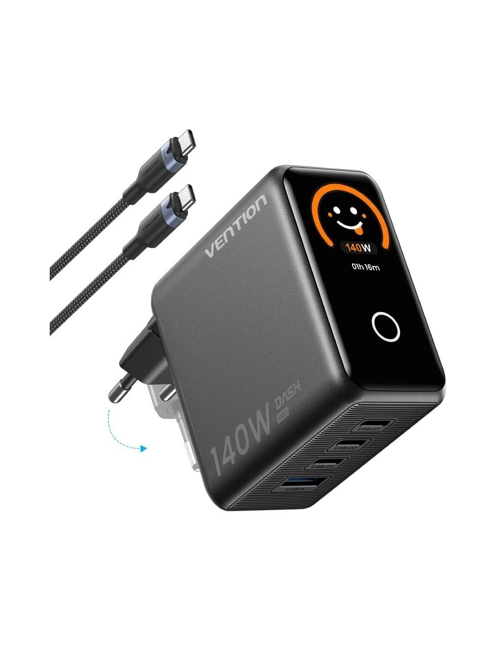 Cargador de Pared GaN Vention TZ-FCOH0-EU/ 3xUSB Tipo-C + Cable USB Tipo-C/ 1xUSB/ 140W