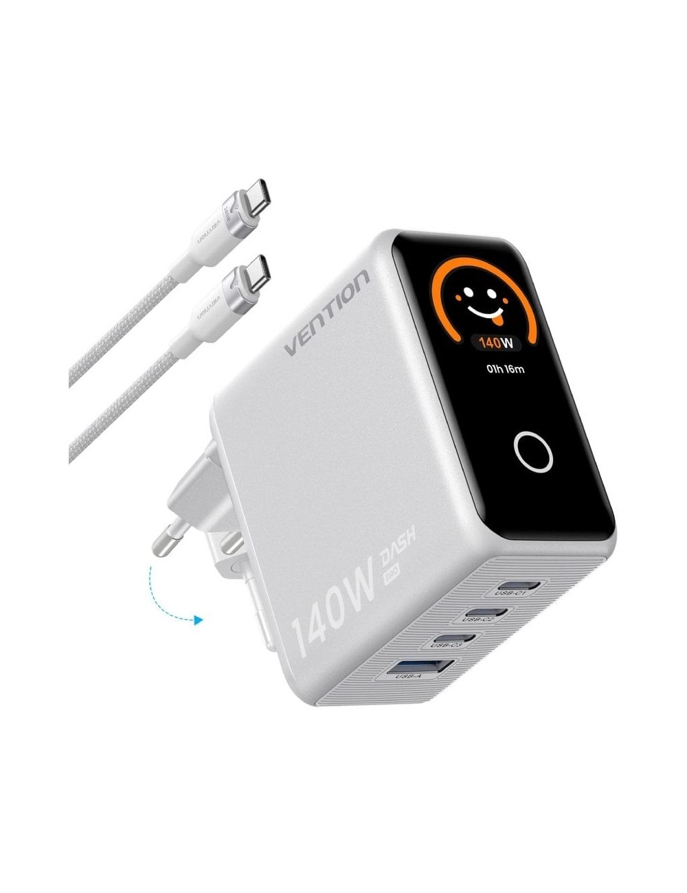 Cargador de Pared GaN Vention TZ-FCOI0-EU/ 3xUSB Tipo-C + Cable USB Tipo-C/ 1xUSB/ 140W